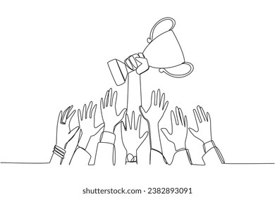 Continuous one line drawing hands fighting for the trophy. Ambition strives for worthy business success. Everyone can get it. Hard work is the difference. Single line draw design vector illustration