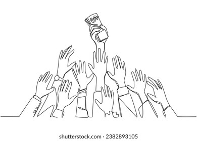 Continuous one line drawing hands fighting for banknotes. The strongest and longest hand capable of gaining profit. Receive attractive benefits. Save money. Single line draw design vector illustration