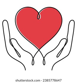 Continuous one line drawing hands holding red heart. Charity donation linear concept. Vector illustration isolated on white.