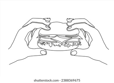 El contínuo dibujo de una línea de manos sostiene una hamburguesa. Esbozo del contorno de hamburguesas o bocadillos. El concepto de comida rápida. Ilustración vectorial.