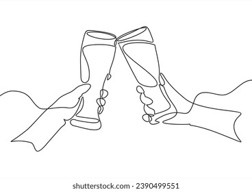 Continuous one line drawing of hands of two people clinking beer glasses in flat design	
