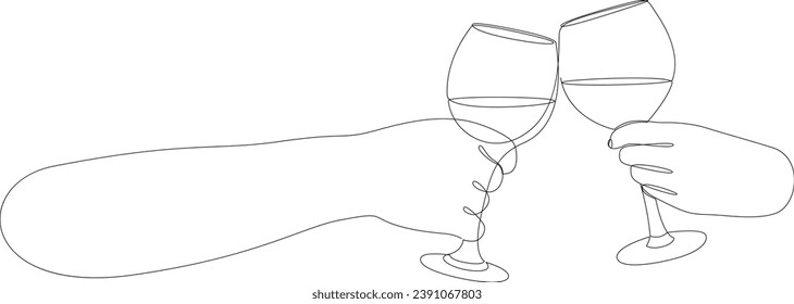 Continuous one line drawing of hands cheering with glasses of wine. Single line drawing of cheers of wine glass. Minimalist style contour vector illustration.