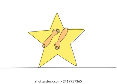 Continuo dibujo de una línea de manos abrazando a una estrella de cinco puntas. Alcanzar las estrellas con éxito significa tener éxito en hacer que los negocios vuelen tan alto como las estrellas en el cielo. Vector de diseño de tracción de línea única