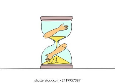 Continuous one line drawing of hands hugging hourglass. No time is allowed to be wasted in taking advantage of business opportunities. Metaphor of time is money. Single line draw vector illustration