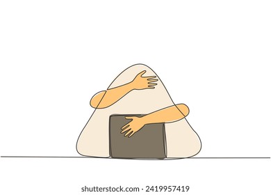 Continuous one line drawing of hands hugging onigiri. The rice is balled up with a layer of seaweed. One of the typical Japanese food which is also famous in the world. Single line draw design vector