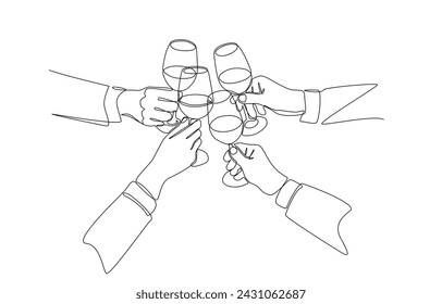 Continuous one line drawing of hands of businesspeople clinking glasses of wine, business meeting or social gathering concept, single line art.