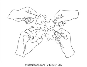 Continuous one line drawing of hands and puzzle. Business matching - connecting puzzle elements.  Puzzle game symbol and iconic business metaphor for problem solving, solution and strategy.