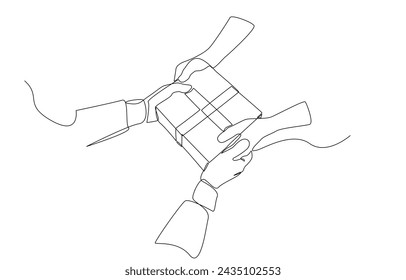 Continuous one line drawing of hands delivering parcel box, parcel delivery service concept, single line art.