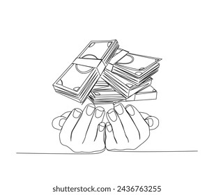 Continuous one line drawing of hands holding money. Hand receive a lot of money single line art vector illustration. Editable stroke.