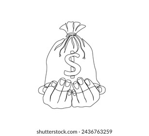 Continuous one line drawing of hands holding money bag. Hand hold money bag single line art vector illustration. Editable stroke.