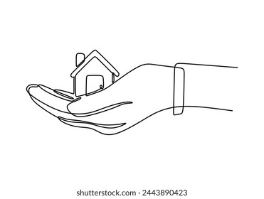 Continuous one line drawing of a hands holding a miniature house