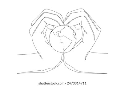 Continuous one line drawing of hands form heart shape to hold globe, environmentally friendly or save our planet concept, single line art.