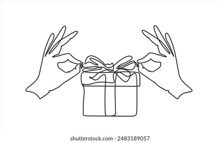 Continuous one line drawing of hands opening a gift. Gift box, Christmas gift Birthday gift, one line art hand drawn vector illustration.