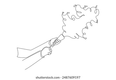 Continuous one line drawing of hands shooting party popper confetti, event celebration concept, single line art.