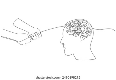 Dibujo continuo de una línea de manos que saca una línea desordenada del cerebro humano, concepto de tratamiento de salud mental, arte de una sola línea.