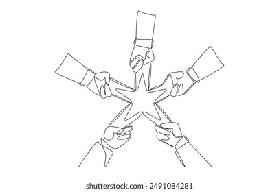 Continuous one line drawing of hands of businessmen forming five star shape, collaboration for work with quality concept, single line art.