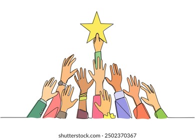 Continuous one line drawing hands fighting over shape of a star. Metaphor of fighting persistently to achieve a dream. Dreams of business success come true. Single line draw design vector illustration