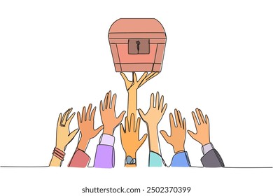 Continuous one line drawing hands fighting over the treasure chest. Big profits are in grasp. Struggle for profits by employees. Profits requires luck. Single line draw design vector illustration