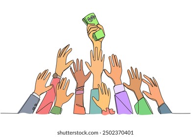 Una línea continua dibujando manos luchando por los billetes. La mano más fuerte y más larga capaz de obtener ganancias. Reciba beneficios atractivos. Ahorra dinero. Ilustración vectorial de diseño de dibujo de línea única