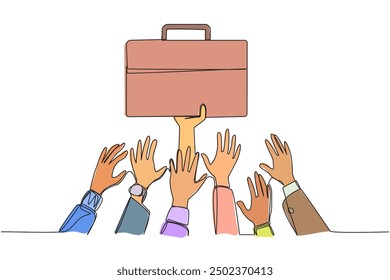 Continuous one line drawing hands fighting over the briefcase. Grab a unique bag for business trips. Business responsibility. Promotions everywhere. Single line draw design vector illustration