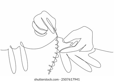 Continuous one line drawing hands are sewing colorful cloth. Worked manually to get the details according to the concept. Creative. National Quilting Day. Single line draw design vector illustration