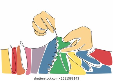 As mãos contínuas de desenho de uma linha estão costurando pano colorido. Trabalhou manualmente para obter os detalhes de acordo com o conceito. Criativo. Dia Nacional do Quilting. Ilustração de vetor de design de desenho de linha única