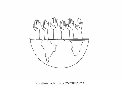 Continuous one line drawing hands reaching up from a half-globe. Advocating for global issues and promoting positive change. Global impact. World NGO Day. Single line draw design vector illustration