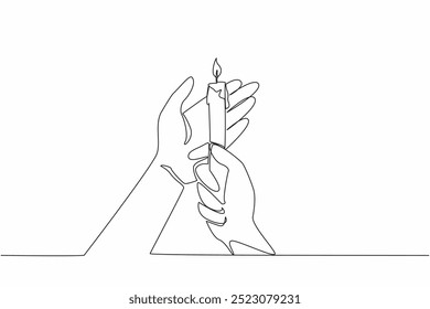 Continua una línea dibujando las manos ahuecando una vela encendida. Ser varonil proporciona luz. Cuidado. Protección. Orientación. Símbolo de esperanza. Calor. Día Mundial de las Velas. Ilustración vectorial de diseño de dibujo de línea única