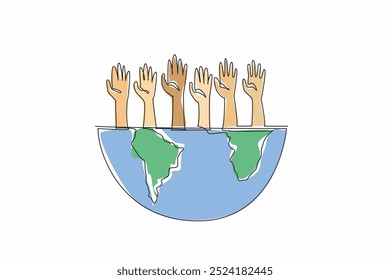 Continuous one line drawing hands reaching up from a half-globe. Advocating for global issues and promoting positive change. Global impact. World NGO Day. Single line draw design vector illustration