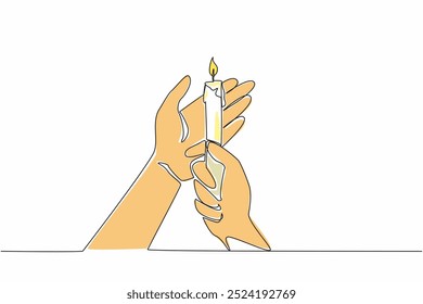 Continua una línea dibujando las manos ahuecando una vela encendida. Ser varonil proporciona luz. Cuidado. Protección. Orientación. Símbolo de esperanza. Calor. Día Mundial de las Velas. Ilustración vectorial de diseño de dibujo de línea única