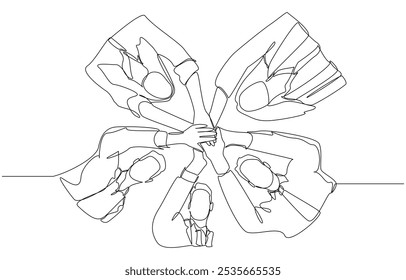 Um desenho contínuo de uma linha de mãos de grupo de funcionários do sexo feminino e masculino unir as mãos juntas, colaboração e conceito de trabalho em equipe, arte de linha única.
