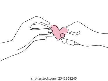 Continuous One Line Drawing of Hands Holds of Heart. Vector One Line Illustration Concept for Valentine`s Day. Love Symbol Trendy Black Sketch Isolated on White Background. Heart in Hands