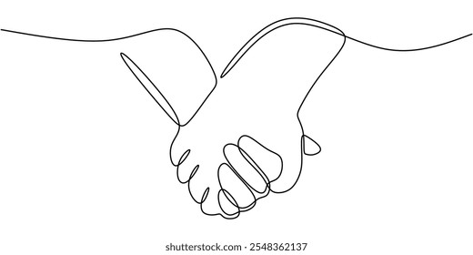 Continuous one line drawing of hands holding, symbolizing unity, love, and connection in relationships.