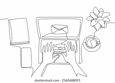 Continuous one line drawing hands typing on laptop. Email notification received. Received best price offer. Ease of using technology. National Email Day. Single line draw design vector illustration