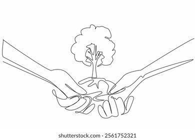 Continuous one line drawing hands stacked on top of each other to support a tree with a mound of earth. Working together to plant trees. National Arbor Day. Single line draw design vector illustration