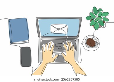 Continuous one line drawing hands typing on laptop. Email notification received. Received best price offer. Ease of using technology. National Email Day. Single line draw design vector illustration