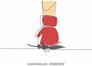 Continuous one line drawing hands wearing boxing gloves clenched and punched a large mosquito. A symbol of preventing further spread. World Malaria Day. Single line draw design vector illustration