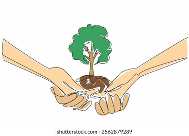 Continuous one line drawing hands stacked on top of each other to support a tree with a mound of earth. Working together to plant trees. National Arbor Day. Single line draw design vector illustration