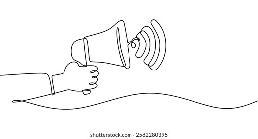 Continuous one line drawing of hands gripping a megaphone emitting sound waves. Representation of advocacy, announcements, and media influence. Vector illustration hand drawn.