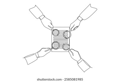 Continuous one line drawing of hands of auditors using magnifiers to examine company document, internal audit team concept, single line art