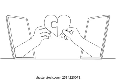 Continuous one line drawing of hands putting puzzle pieces to form heart shape through smartphone, online dating apps concept, single line art