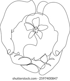 Continuous one line drawing of hands holding seedling growing from soil. Environment earth day concept. Single line draw design vector graphic.