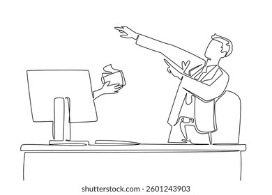 Continuous one line drawing hands out of monitor screen while holding a wallet with some money coming out. Significant salary increase. Things from Screen. Single line draw design vector illustration