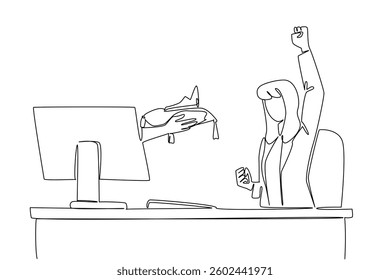Continuous one line drawing hands out of the monitor screen while holding a crown. Businesswoman with special and luxurious values. Things from Screen. Single line draw design vector illustration