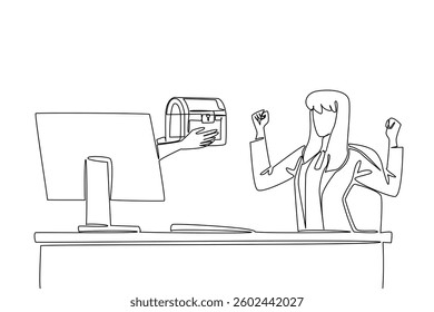 Continuous one line drawing hands out of the monitor screen while holding treasure chest. Historic discoveries for career and business. Things from Screen. Single line draw design vector illustration