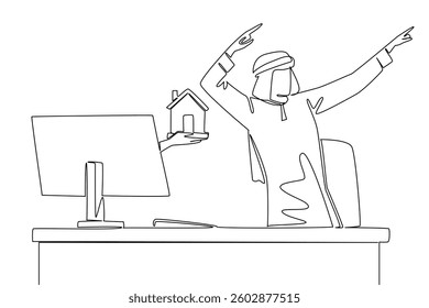 Continuous one line drawing hands out of monitor screen holds miniature house. Housing entrepreneur. Penetrated other business unit. Things from Screen. Single line draw design vector illustration