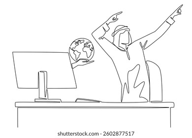 Continuous one line drawing hands out of the monitor screen while holding a globe. Connect with big clients. Business progress. Network. Things from Screen. Single line draw design vector illustration
