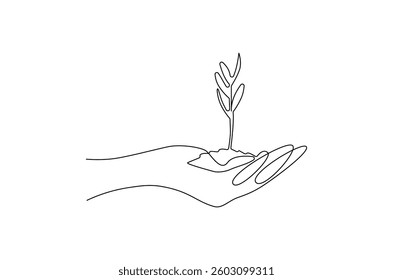 Continuous one line drawing of Hands holding growing seedlings. Single line drawing illustration of Hands holding leaf. Go green energy concept vector art. Doodle line illustration.