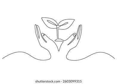 Continuous one line drawing of Hands holding growing seedlings. Single line drawing illustration of Hands holding leaf. Go green energy concept vector art. Doodle line illustration.