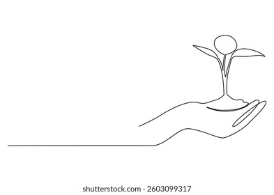 Continuous one line drawing of Hands holding growing seedlings. Single line drawing illustration of Hands holding leaf. Go green energy concept vector art. Doodle line illustration.